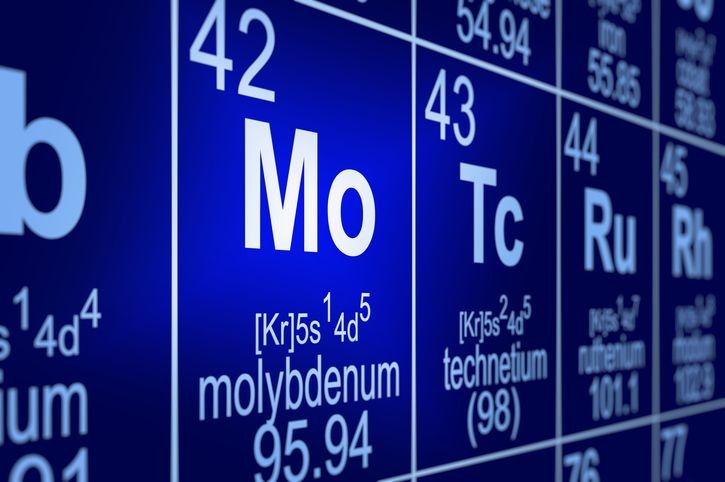 Close-up of periodic table elements, highlighting molybdenum with atomic number 42.
